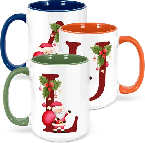 Vista 2 de Taza de café con inicial de Navidad con tema de Papá Noel, 11 o 15 onzas, 9 colores opcionales, tazas personalizadas para niños, niños y niñas, taza