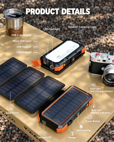 Vista 7 de BLAVOR Banco de energía solar 20,000mAh cargador portátil con 4 paneles Anaranjado encendido