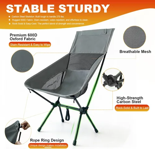 Vista 5 de IEJ Silla de camping ultraligera con respaldo alto, silla plegable portátil con pies antideslizantes resistentes a la abrasión, soporta hasta 270