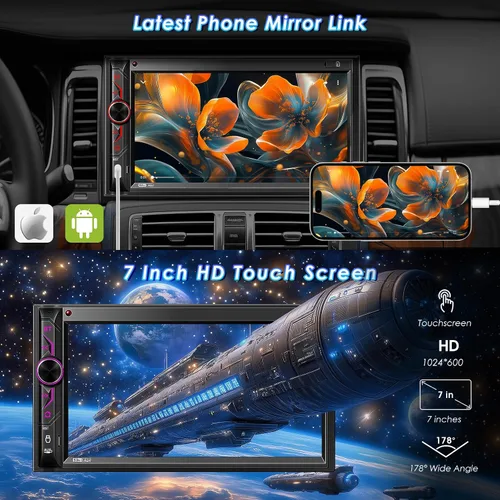 Vista 4 de Sistema multimedia CarPlay de doble DIN: Receptor estéreo de coche con pantalla táctil de 7 pulgadas - Bluetooth Android Auto Radio para automóvil