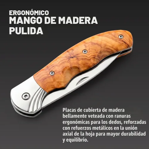 Vista 4 de Para Hombre - Cuchillo de bolsillo plegable con mango de madera -Grand Way 6651 3. Madera dorada