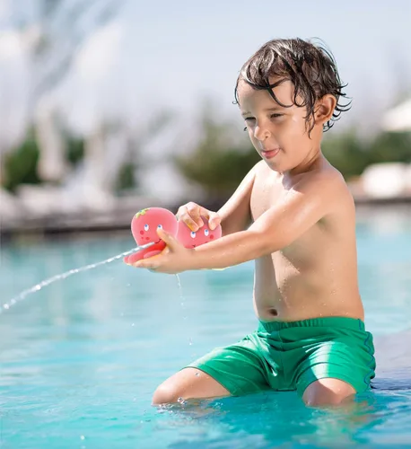 Vista 7 de DolliBu Octopus Bath Buddy Squirter - Juguete flotante de goma de pulpo rosa, divertido juego de baño para niños pequeños, lindo juguete de animales