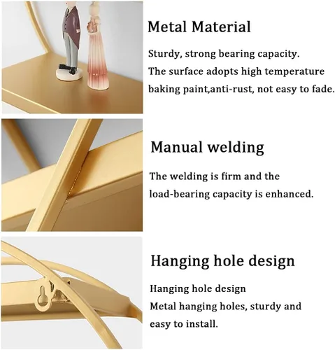 Vista 7 de Estantes de pared flotantes en forma de corazón de metal de 2 niveles para dormitorio (oro, 19.7 x 5.9 x 20.1 in)