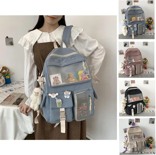 Vista 3 de Linda mochila con lindos accesorios de alfiler colgante de felpa para mochila escolar mochila estudiante niña, Rosado, Mochilas de mochila