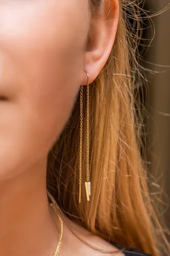 Vista 4 de Aretes de cadena de oro de 14 quilates para mujer, aretes de rosca de oro para mujer, aretes de doble perforación, aretes de hilo Aretes colgantes