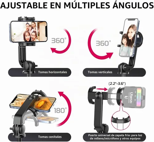Vista 8 de ULANZI SK-03 Trípode selfie stick, trípode de 64" profesional y estable para teléfono inteligente/cámara de acción, soporte de teléfono extensible