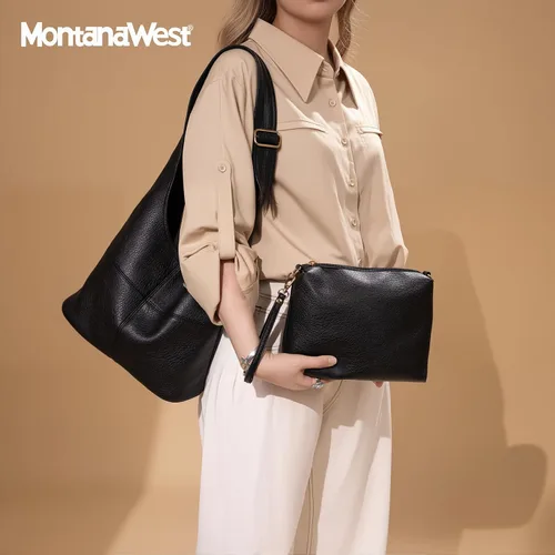 Vista 2 de Montana West Hobo Purse for Women, Vegan Leather Shoulder Bag with Wristlet clásico-negro