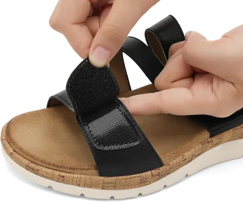 Vista 2 de UBFEN Sandalias de cuña baja para mujer, cómodas sandalias para caminar con soporte de arco y correa ajustable para salidas casuales y uso durante
