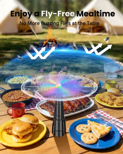 Vista 2 de Ventiladores de mosca para mesas, ventilador de mesa recargable con luz LED, giratorio de mosca con cuchillas holográficas suaves para picnic