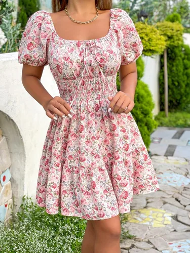 Vista 4 de Floerns Vestido bohemio de manga corta abombada con cuello cuadrado y lazo frontal para mujer