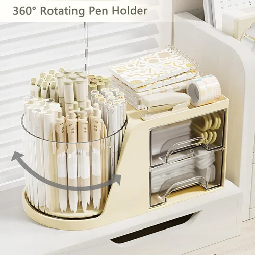Vista 2 de Soporte de rotación para bolígrafos para escritorio, lindo recipiente para lápices, organizador de escritorio y accesorios para niñas, niños, Beige