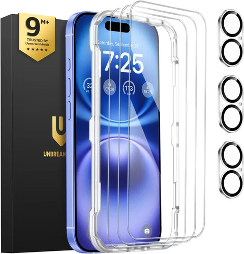 Vista 19 de UNBREAKcable Paquete de 3 protectores de pantalla para iPhone 15, 3 de vidrio templado + 3 protectores para lente de cámara, dureza 9H, claridad HD