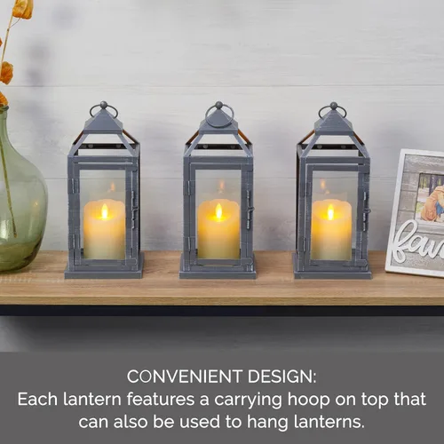 Vista 3 de Elements Faroles de metal con velas LED, juego de 3, 5.2 x 5.2 x 12 pulgadas, color gris