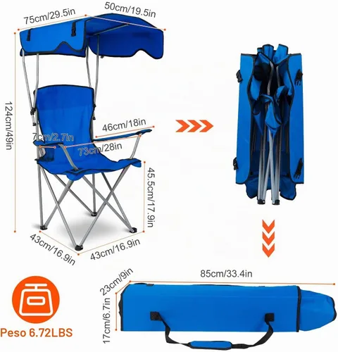 Vista 2 de TeqHome Silla de campamento con toldo de sombra, silla de césped plegable resistente con soporte para tazas, protección solar UPF 50+, silla de Azul