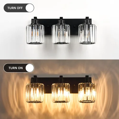 Vista 3 de 3 luces de cristal para tocador de baño, moderna lámpara de baño negra sobre espejo, luces de tocador para dormitorio, baño, pasillo, base E26