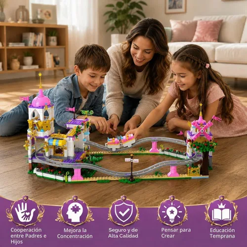 Vista 5 de Juego de construcción de montaña rusa de castillo, kit de construcción de parque de atracciones STEM para niños, bloques de juegos rosa creativos