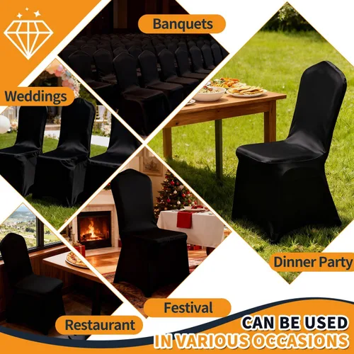 Vista 9 de Yahpetes 2 fundas para silla, de poliéster negro, fundas para sillas de banquete, parte delantera plana, elásticas, de elastano, para bodas