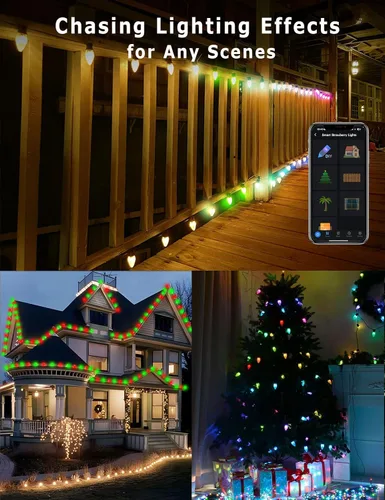 Vista 3 de HIITEN Luces de Navidad RGB C9 para exteriores de 118 pies, 150 LED, efectos de persecución de bricolaje, luces LED inteligentes de Navidad