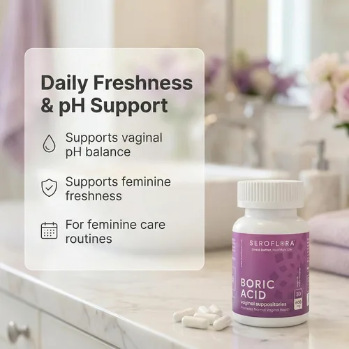 Vista 3 de Seroflora Cápsulas femeninas de ácido bórico de 600 mg, soporte de pH femenino, frescura íntima para mujeres, cápsulas de disolución rápida