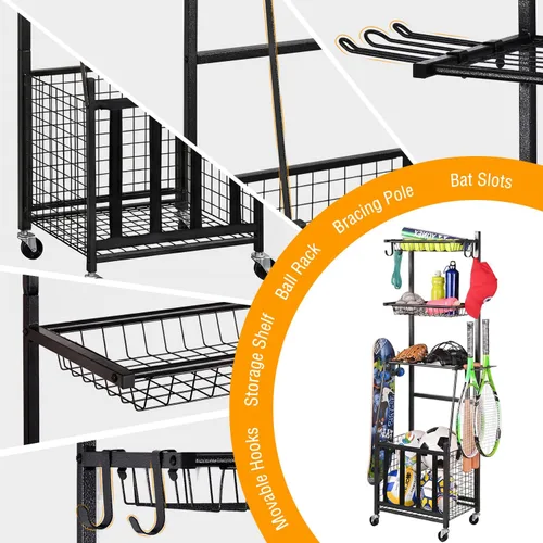 Vista 4 de PLKOW Organizador de almacenamiento para equipos deportivos de garaje, estante deportivo para interior/exterior para garaje, organizador