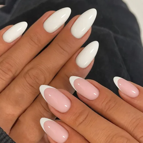 Vista 17 de modelones 64 uñas postizas de punta francesa a presión, uñas postizas cortas de almendra a presión con pegamento de uñas, pestañas adhesivas, lima