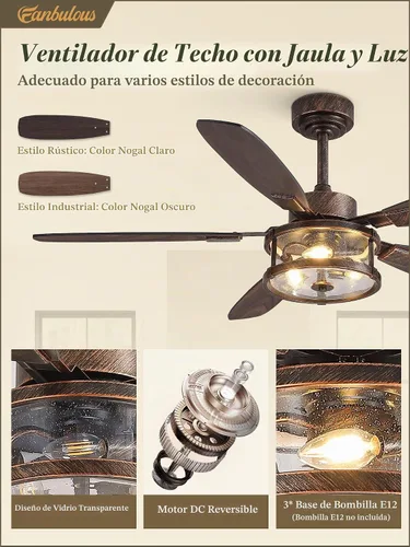 Vista 3 de Fanbulous Ventilador de techo rústico de 52 pulgadas con luz y control remoto, ventiladores de techo rústicos negros de 52 pulgadas para dormitorio