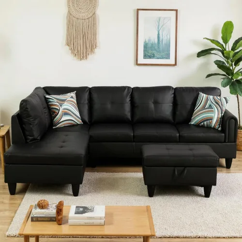 Vista 15 de Sofá modular de cuero en forma de L de 3 piezas – Sofá modular convertible con diván móvil y otomana de almacenamiento, uso multiescenario para sala