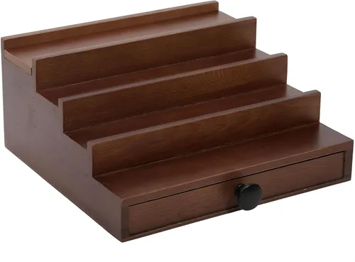 Vista 14 de 4 Tier Men's Cologne Organizer, Black Wooden Display Stand with Drawer Negro-4 niveles