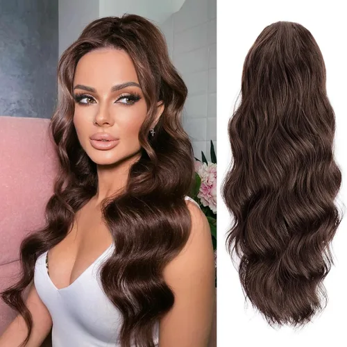 Vista 10 de FREEMEIGE Extensión de Cola de Caballo Negra con Cordón Extensión de Cola de Caballo Larga y Ondulada para Mujeres Extensión de Cabello de Cola de 1b