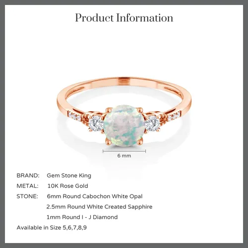 Vista 6 de Gem Stone King Anillo de compromiso de zafiro blanco con ópalo blanco de imitación de cabujón de oro rosa de 10 quilates para mujer