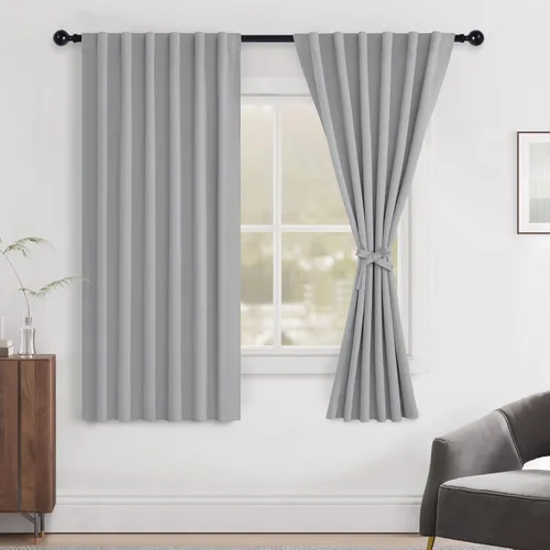 Vista 129 de Hiasan Cortinas opacas negras para dormitorio, cortinas opacas cortas de 45 pulgadas de largo, con aislamiento térmico, bolsillo para barra