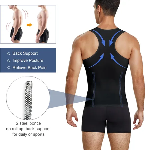Vista 2 de Camisetas de compresión para hombre, faja moldeadora de pecho, control de abdomen, adelgazante, camiseta interior para entrenamiento, camiseta sin