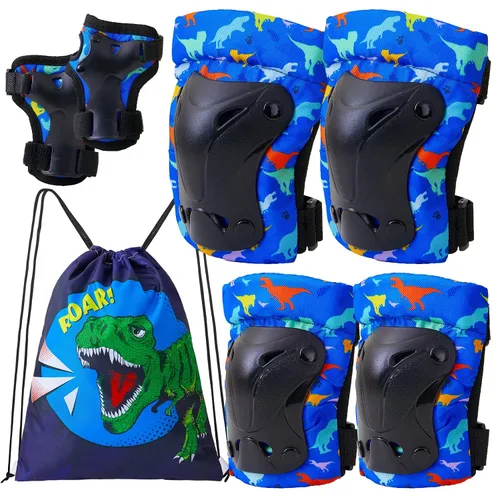 Vista 10 de FIODAY Rodilleras para niños, rodilleras para niños pequeños y coderas, muñequeras con bolsa de cordón, juego de equipo de protección ajustable