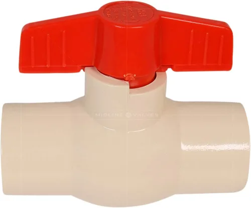 Vista 2 de Midline Valve Válvula de bola de CPVC resistente 472T100 para agua potable; Mango en T rojo; Conexiones de disolvente de 1 pulgada; Plástico