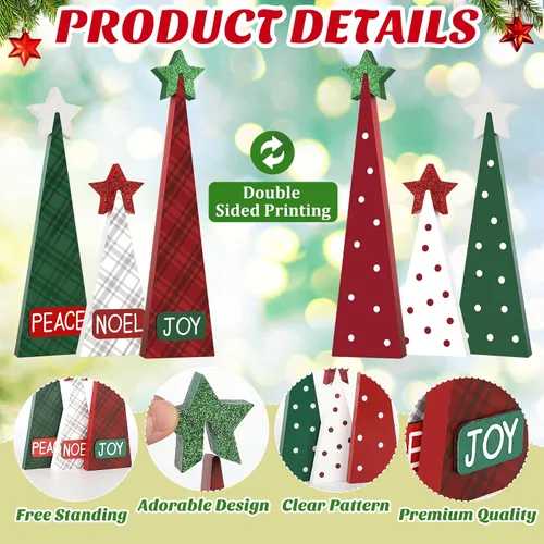 Vista 3 de 3 piezas de decoración de mesa de árbol de Navidad de madera, 3 tamaños de decoraciones de árbol de Navidad de madera independientes de doble cara