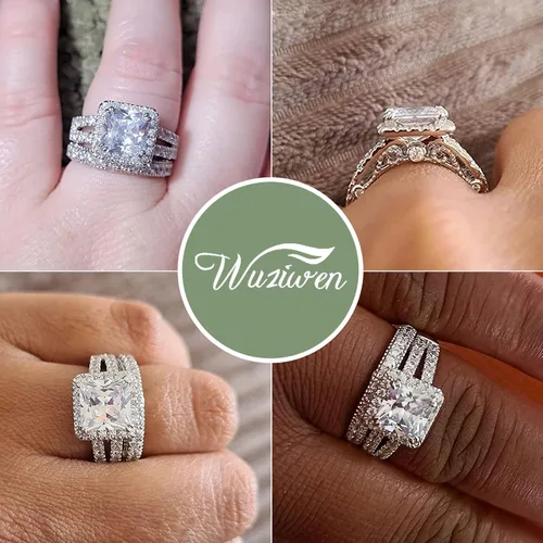 Vista 6 de Wuziwen Juego de anillos de compromiso de corte princesa para mujer, plata de ley, circonita cúbica