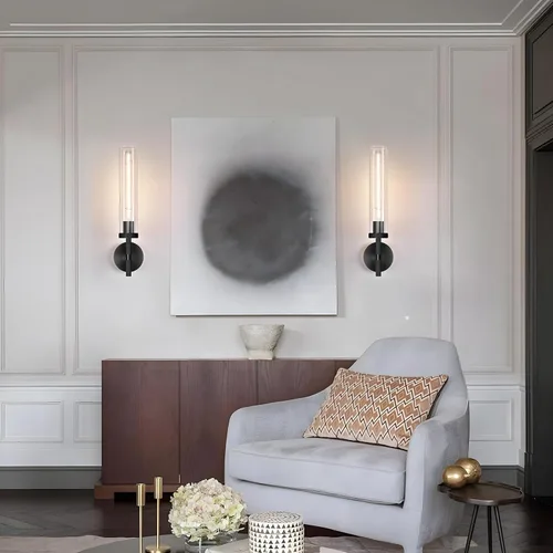 Vista 9 de Apliques de pared modernos en negro con cableado integrado, aplique de pared de 21'' con textura estriada para baño, aplique de pared