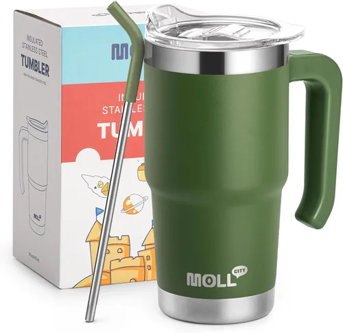 Vista 12 de Vaso de 16 onzas con asa, reutilizable, de acero inoxidable, aislado al vacío, con tapa y pajilla, para mujeres y niñas (verde manzana)