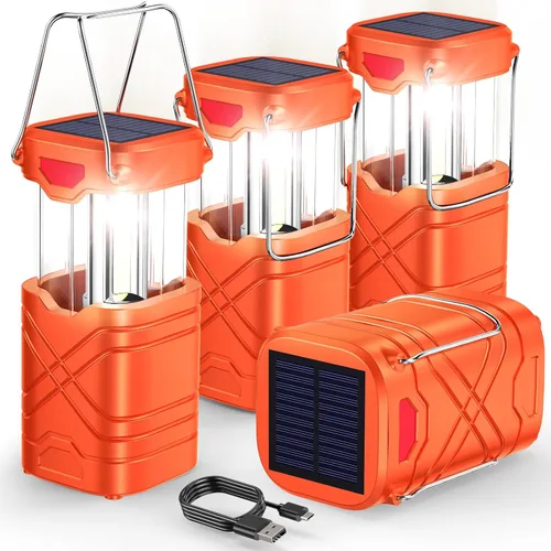 Vista 11 de LETMY Paquete de 4 linternas de campamento, linternas LED recargables, faroles solares con batería para huracanes con 3 vías de alimentación y cable