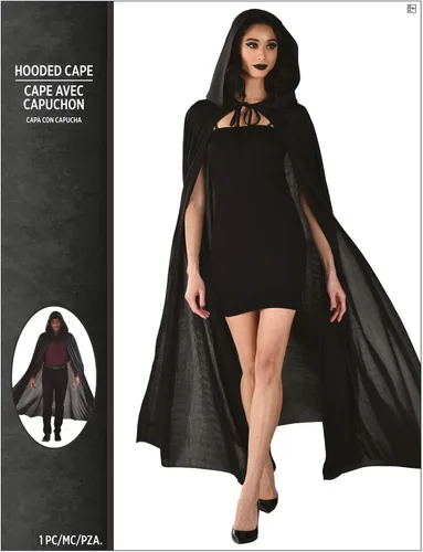 Vista 5 de Capa larga con capucha negra Estándar para adultos (paquete de 1) Lujosa tela suave perfecta para Halloween, cosplay, disfraces y eventos