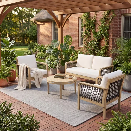 Vista 20 de Juego de muebles de patio al aire libre de madera de acacia de 4 piezas, juego de conversación para todo tipo de clima con sofá biplaza, 2 sillas