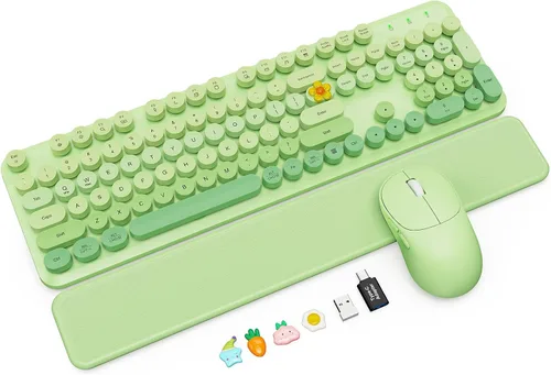Vista 19 de Combo de teclado y mouse inalámbricos con reposamuñecas magnético, teclas redondas, teclado retro de tamaño completo, patas inclinables de dos Azul