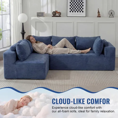 Vista 5 de Sofá modular modular con otomana, sofá modular de 5 plazas, sofá tipo nube con tela de pana, no requiere montaje para sala de estar grande
