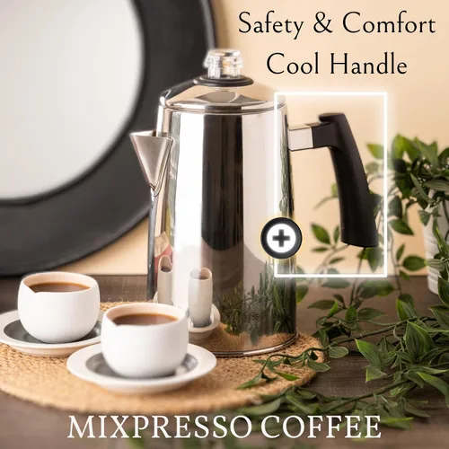 Vista 6 de Mixpresso - Estufa de café de acero inoxidable para 12 tazas 52 oz stainless steel percolator coffee pot for camping or home use, with cool-touch