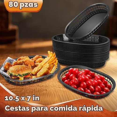 Vista 2 de 80 cestas de comida rápida para restaurantes de 10.5 x 7 pulgadas, bandeja de plástico negro para servir delicatessen, pollo, hamburguesas, pícnics