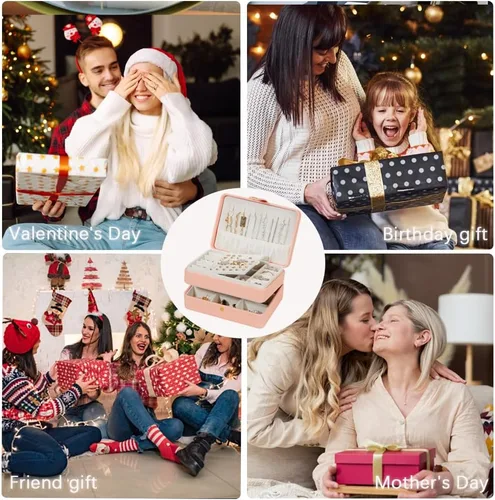 Vista 7 de BUTI4WLD Joyero pequeño, cajas de joyería para mujeres y niñas, caja organizadora de joyas, 2 capas organizador de almacenamiento de joyas de viaje
