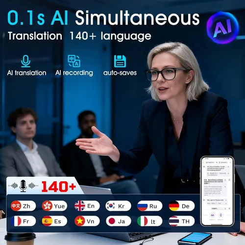 Vista 3 de Gafas de traducción AI unisex con más de 140 idiomas, lentes inteligentes Bluetooth con micrófono y altavoces integrados, interruptor de pasillo