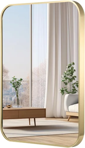 Vista 9 de Espejo de baño de níquel cepillado de 16 x 24 pulgadas, espejo rectangular enmarcado con esquina redondeada, espejo cepillado, espejo de baño