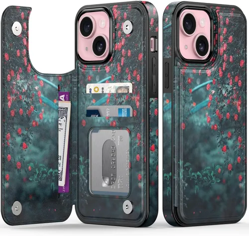 Vista 152 de FUNMIKO Funda tipo cartera para iPhone 15 con tarjetero + clip para efectivo, bloqueo RFID, protección contra caídas de grado militar y obras