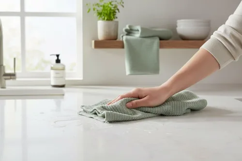Vista 5 de Juego de 3 toallas de mano de cocina verde salvia, 100% algodón Salvia acanalada